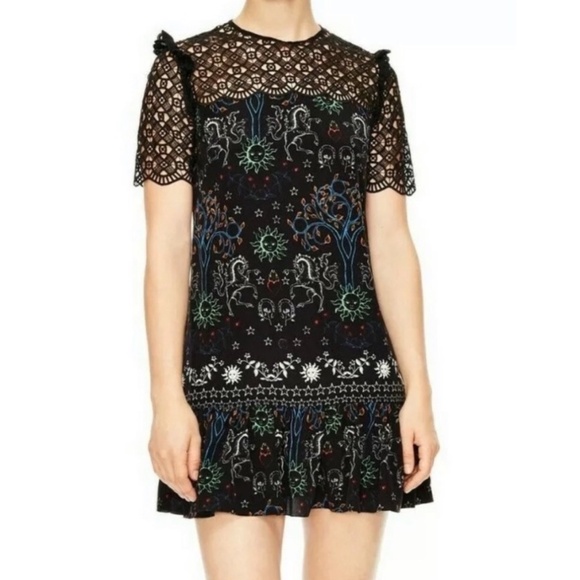 Sandro Dresses & Skirts - Sandro Zodiac Iconic Dress Horse Sun Star Print Mini Lace Short Sleeve Flounce